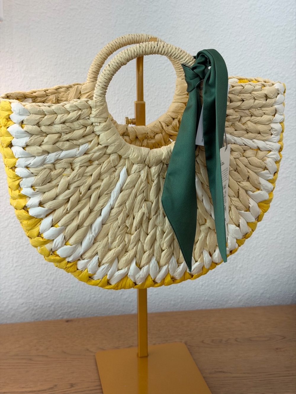 Target Straw Half-Moon Lemon Tote with Green Scarf - Natural/White/Yellow